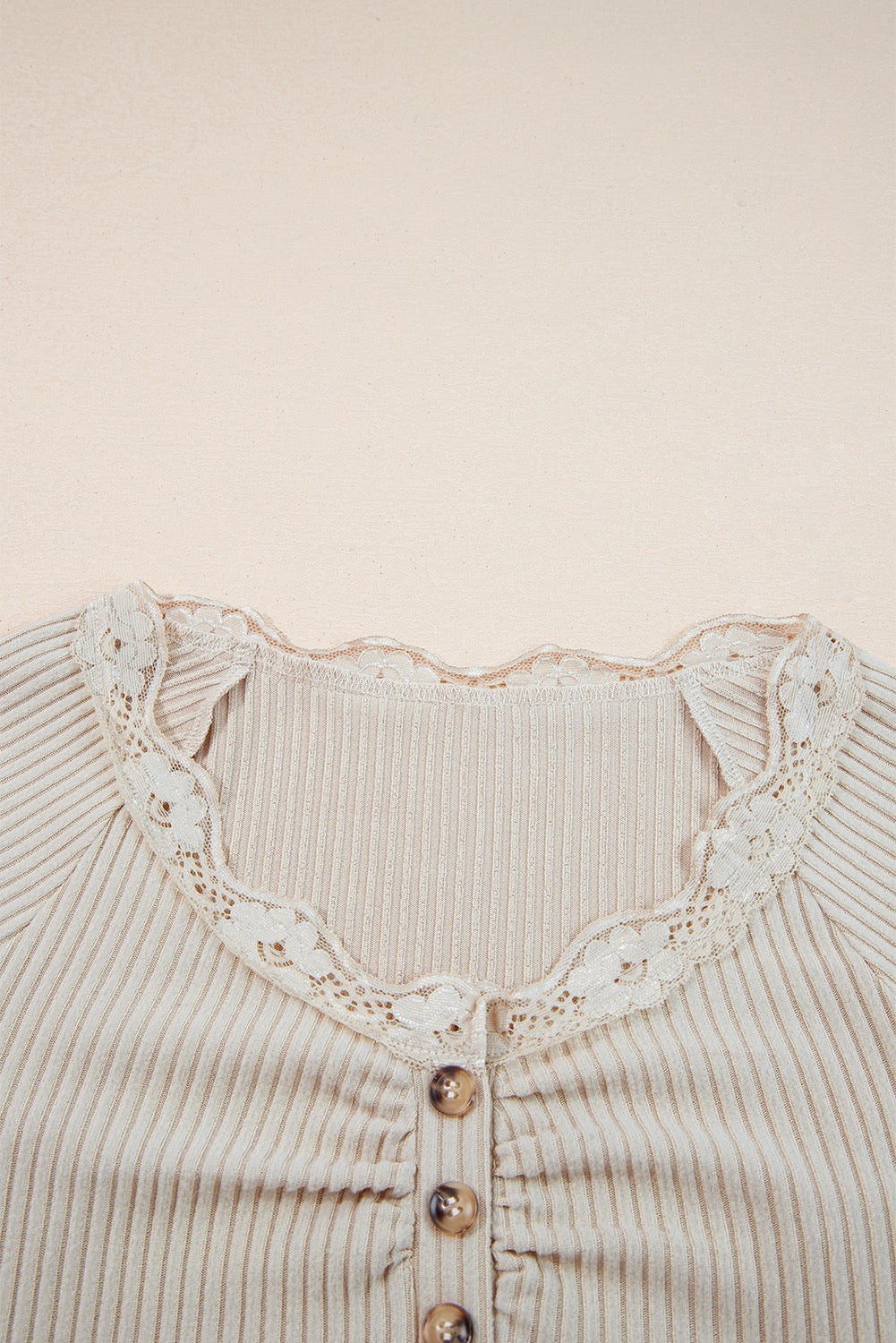 Lace Neckline Long Sleeved Ribbed Top