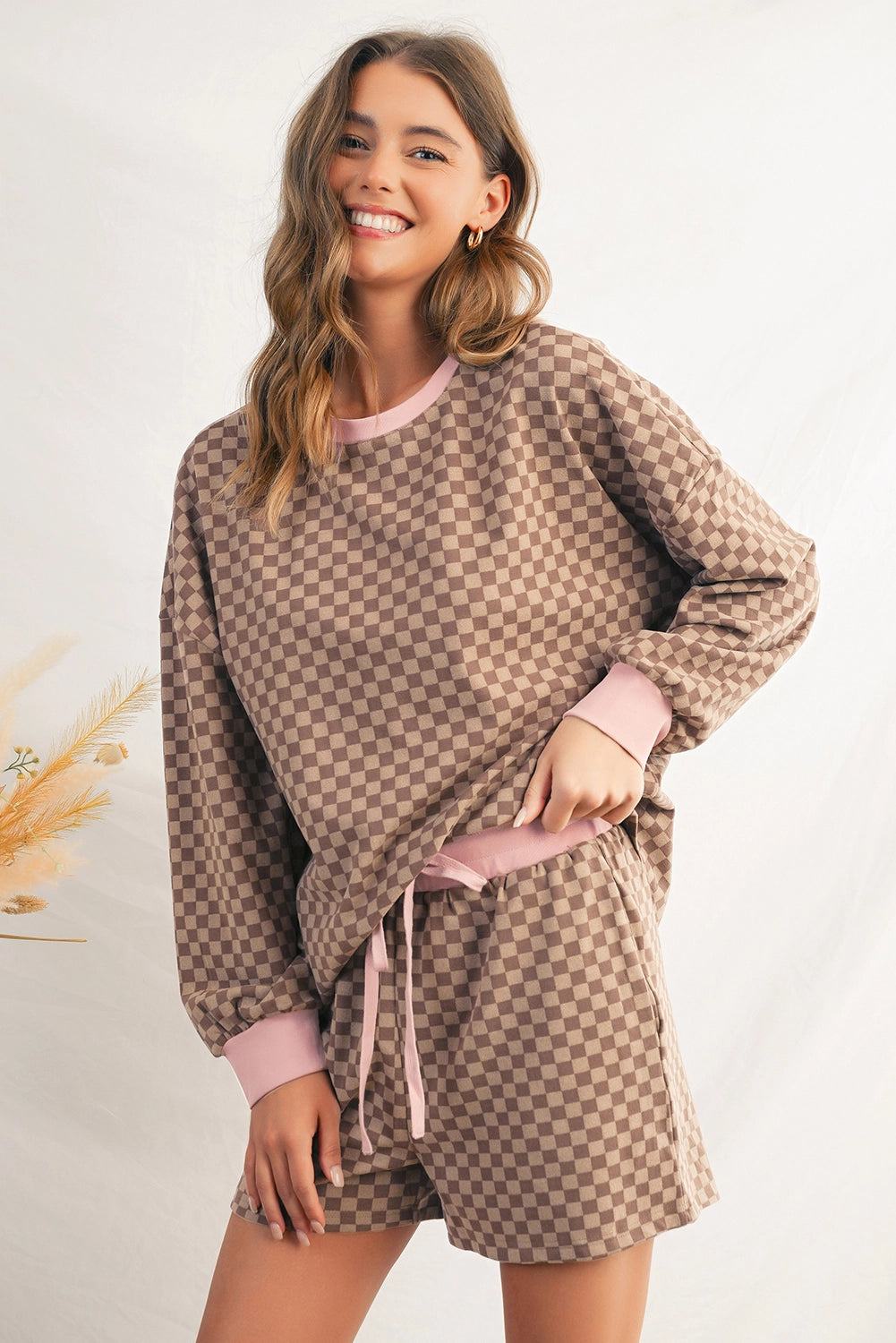 Checkered Long Sleeve Pullover & Shorts Set