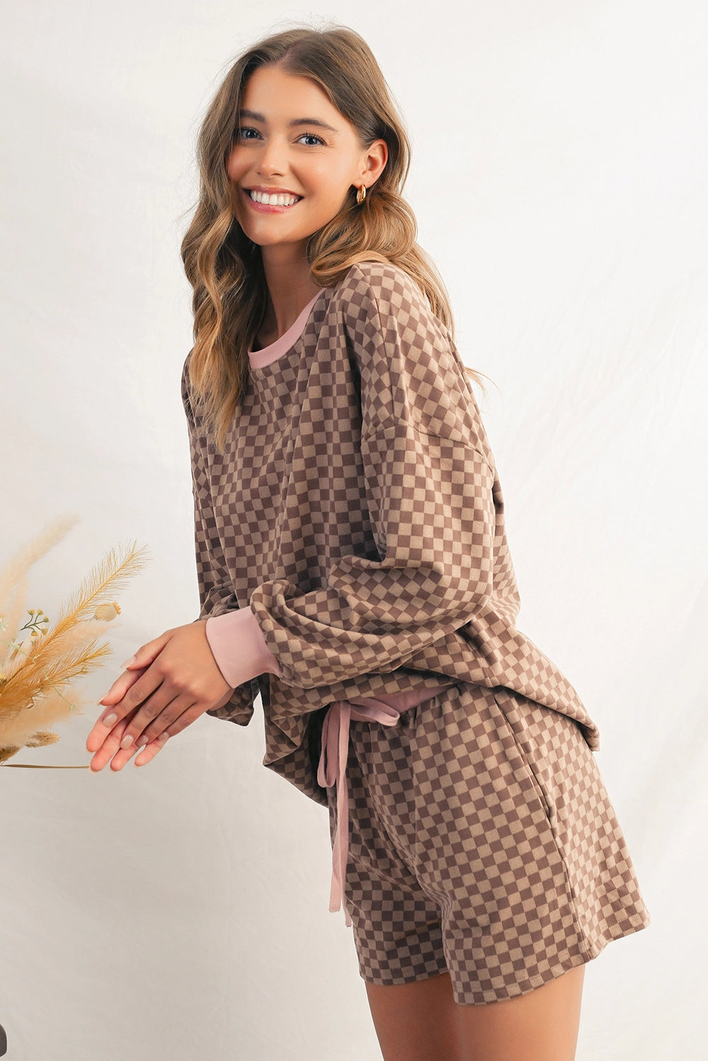 Checkered Long Sleeve Pullover & Shorts Set