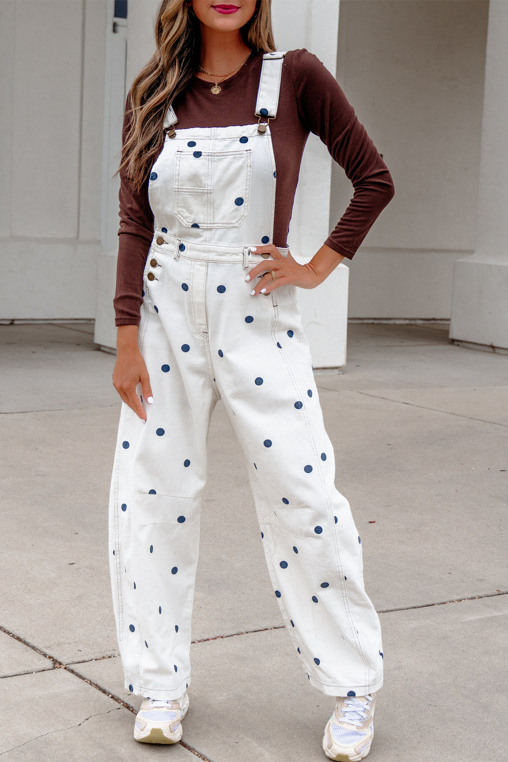 Polka Dot Print Bib Pocket Denim Barrel Overalls Jumpsuit