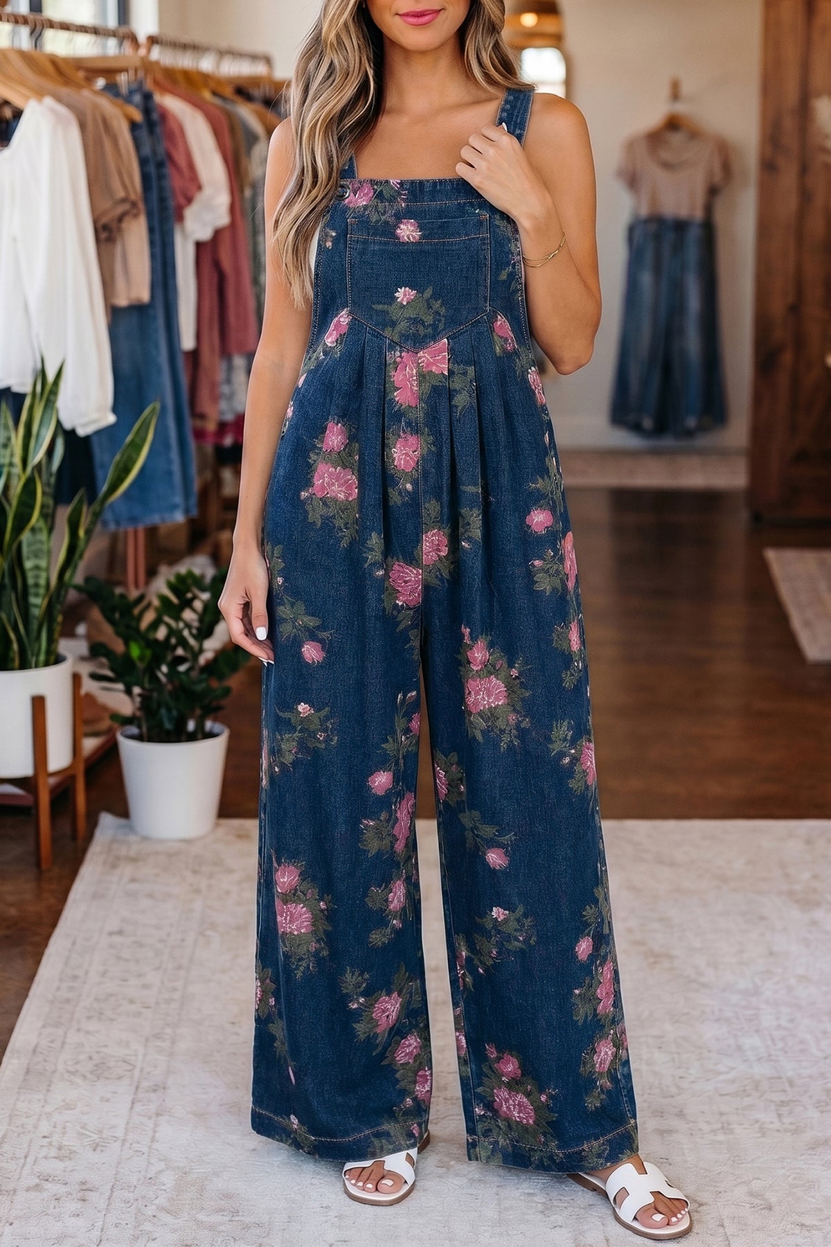 Beau Blue Floral Print Pleated High Waist Wide Leg Denim Jumpsuit