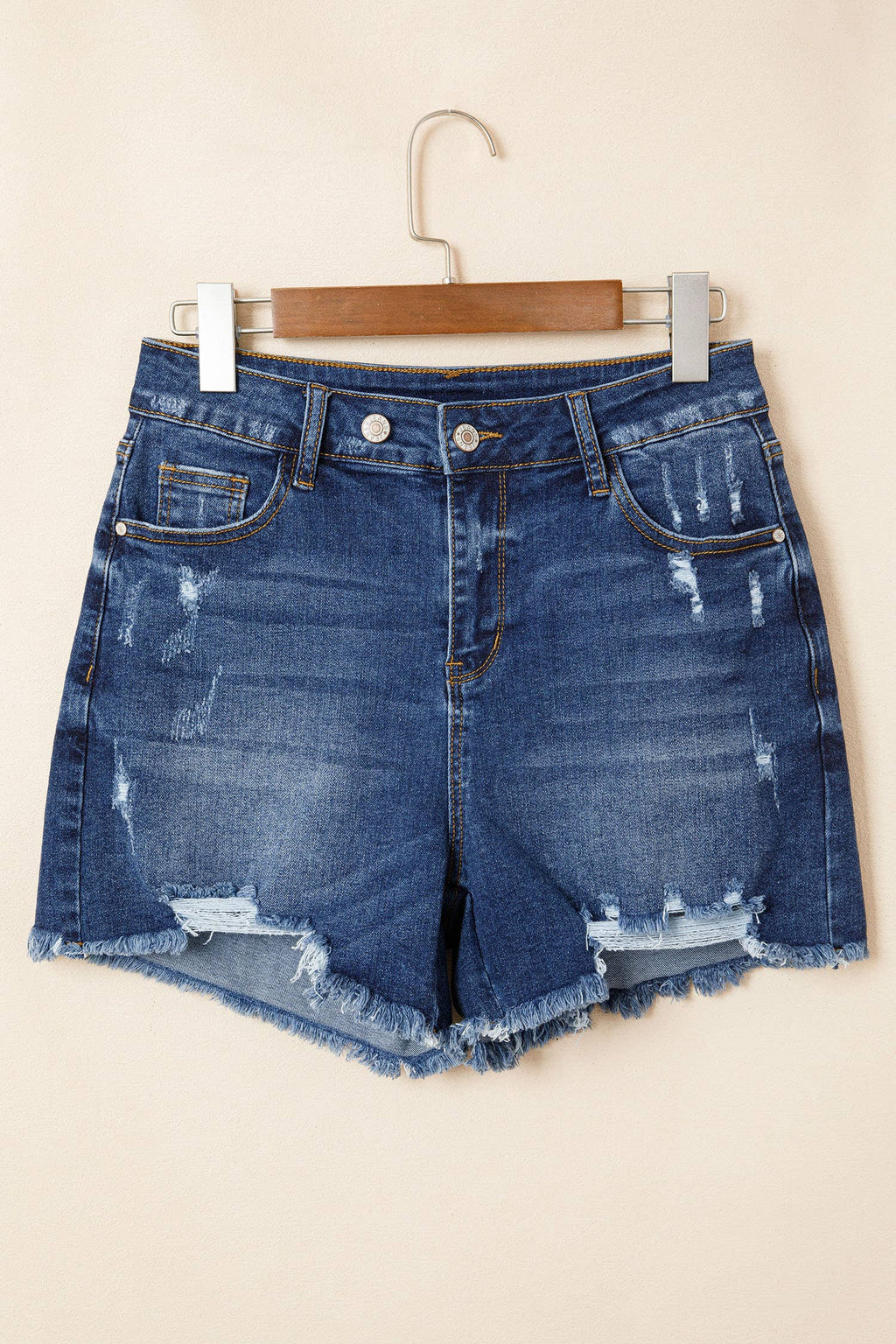 Asymmetric Raw Hem Distressed Denim Shorts