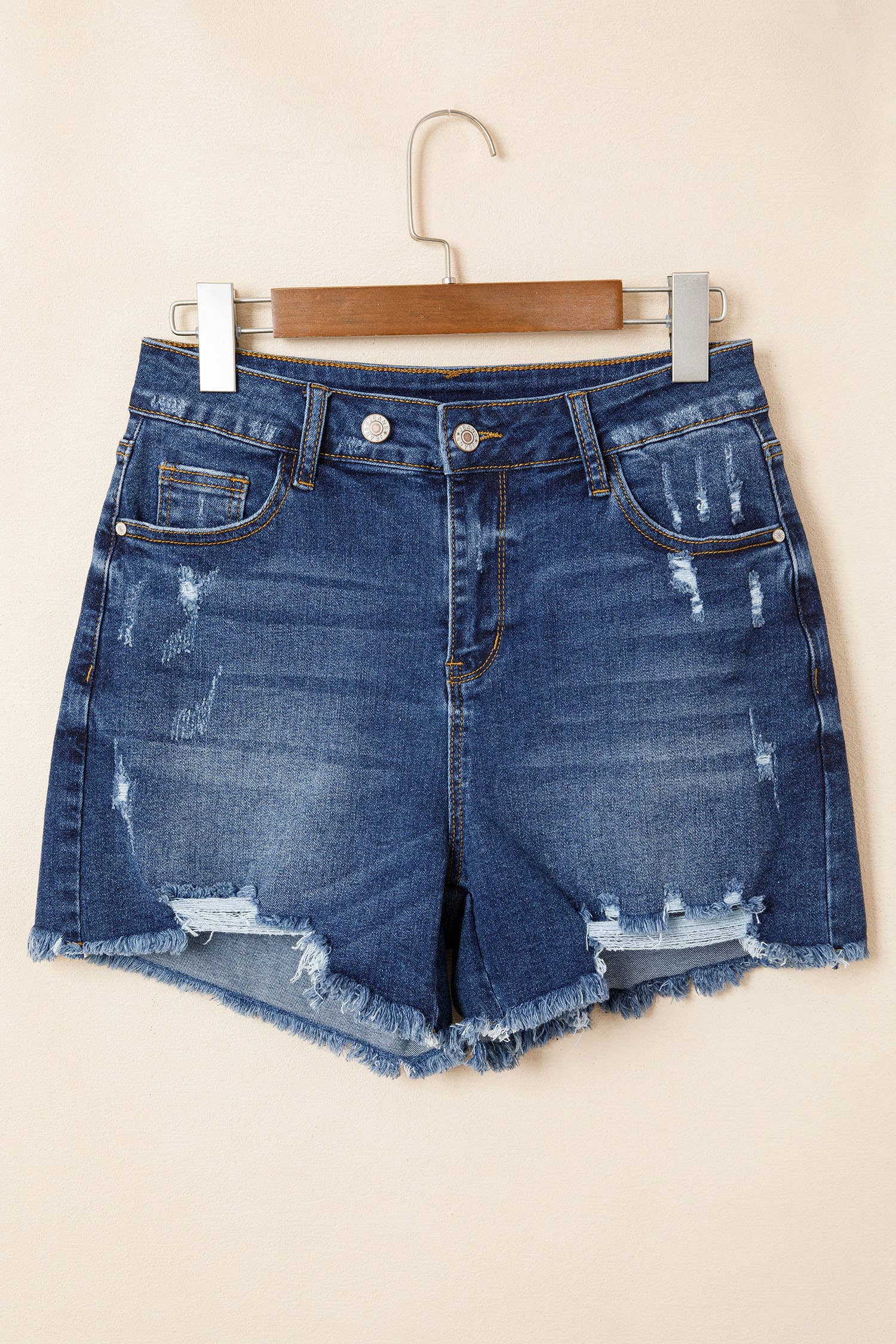Asymmetric Raw Hem Distressed Denim Shorts