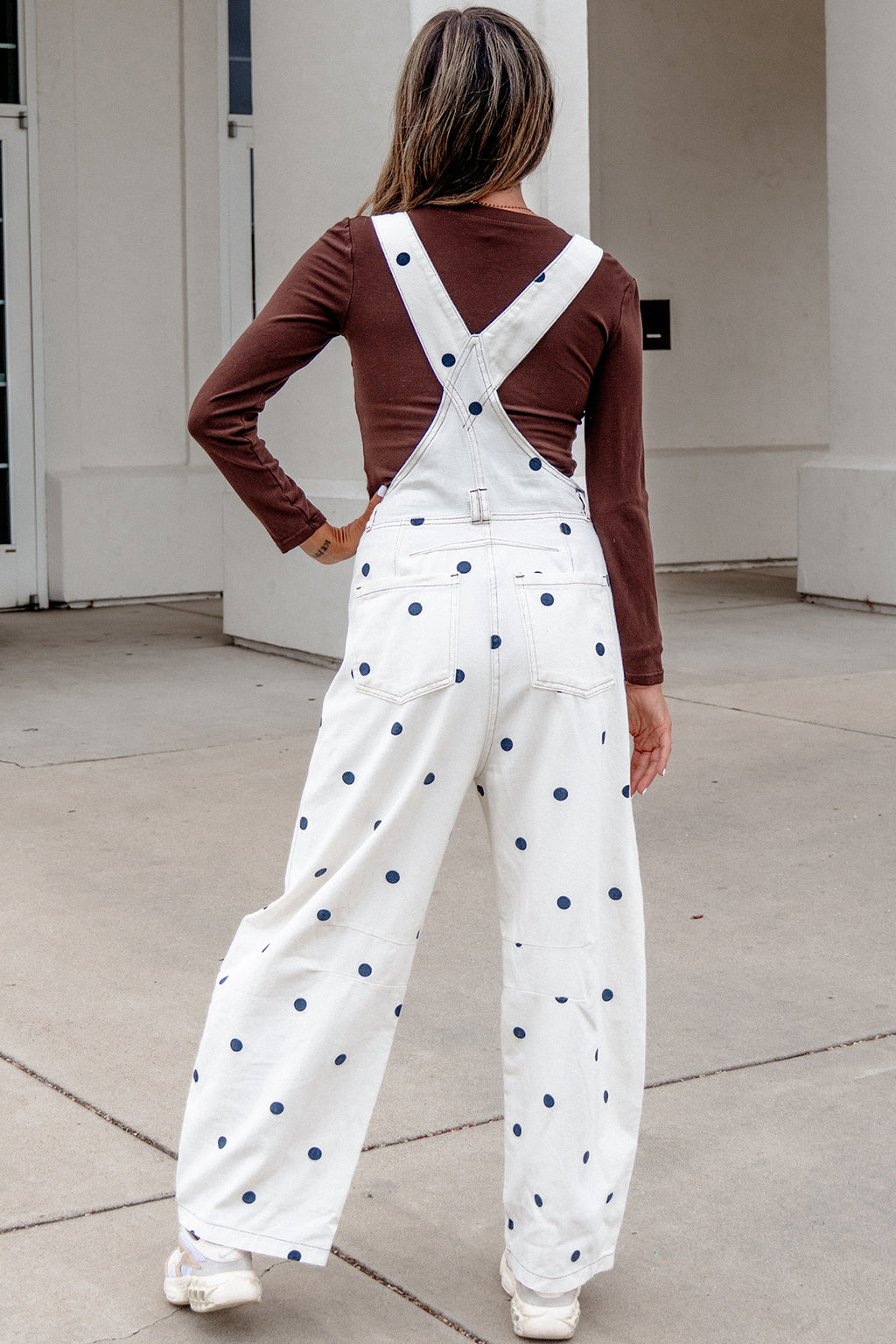 Polka Dot Print Bib Pocket Denim Barrel Overalls Jumpsuit