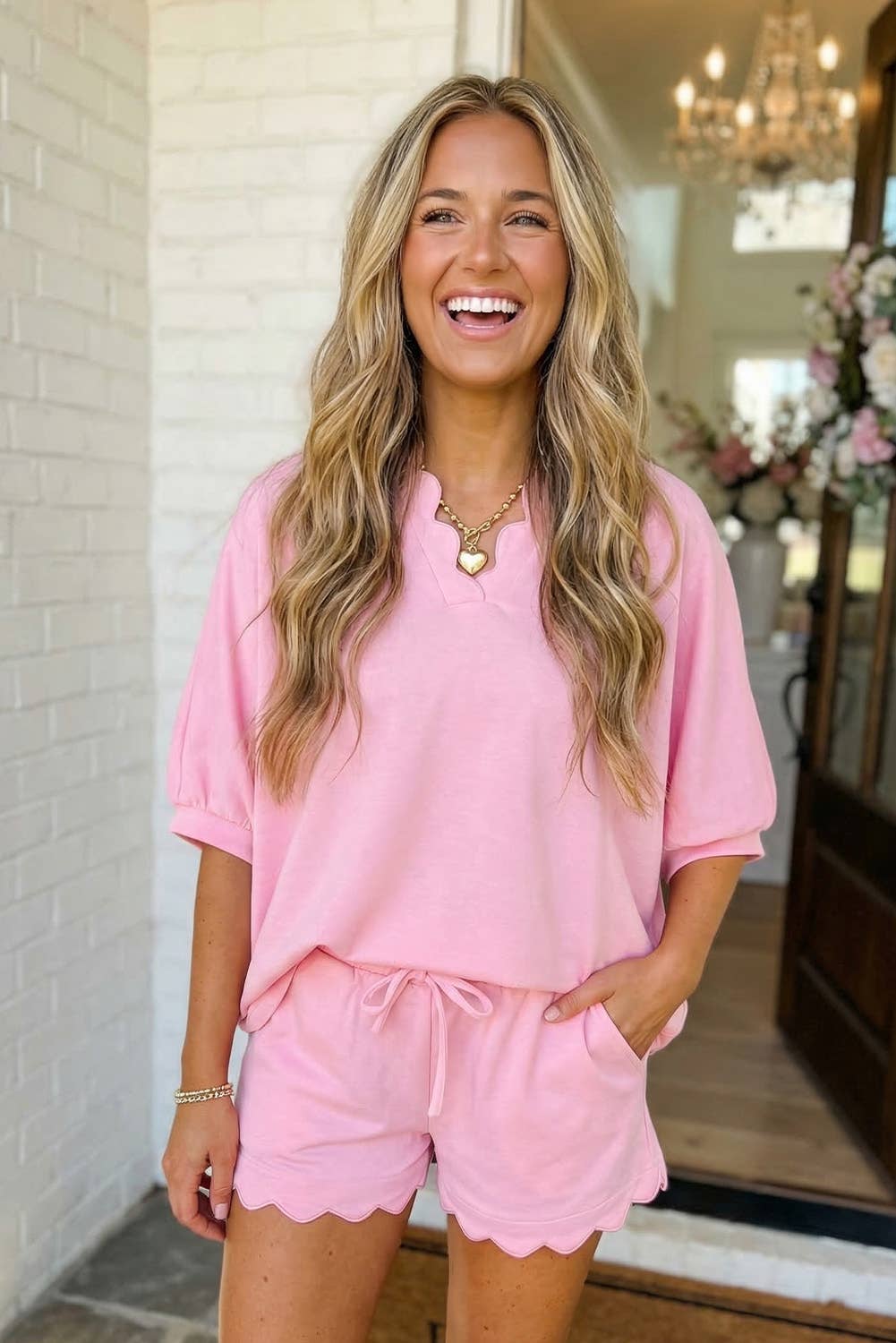 Scalloped Oversize Top Drawstring Short Set
