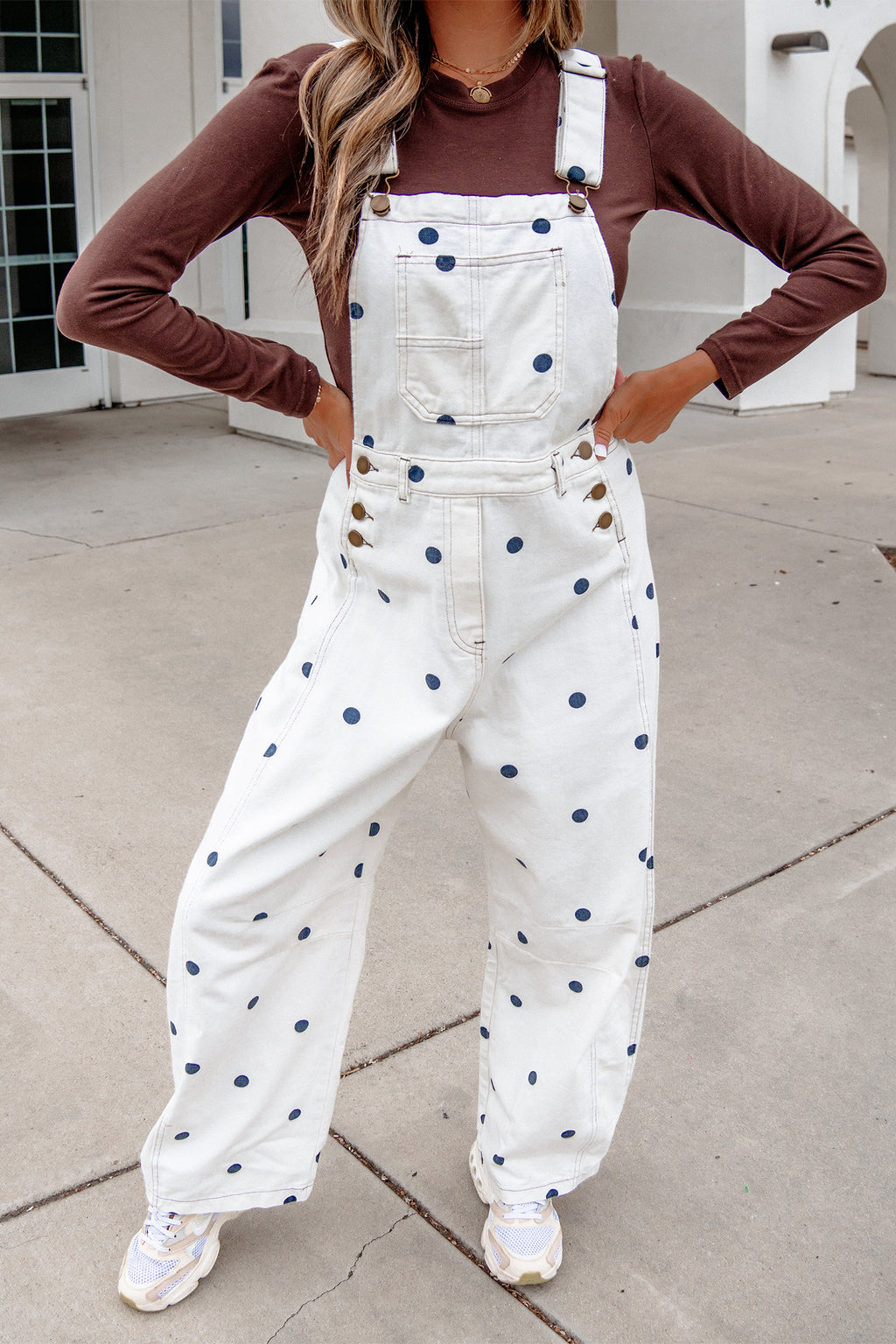 Polka Dot Print Bib Pocket Denim Barrel Overalls Jumpsuit