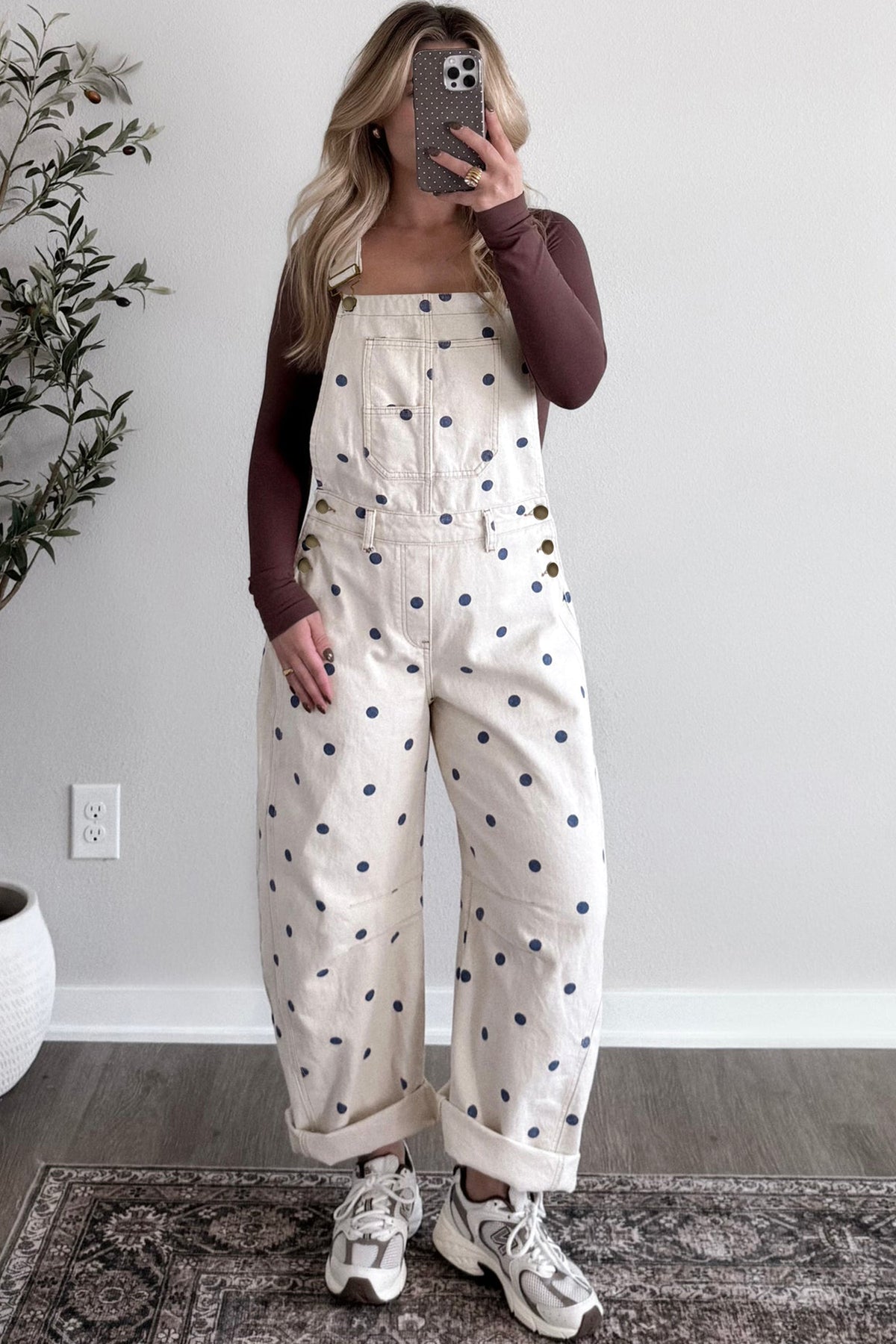 Polka Dot Print Bib Pocket Denim Barrel Overalls Jumpsuit